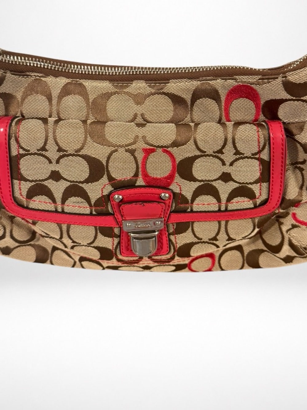 COACH Soho 2 Way Signature Canvas Shoulder Bag Khaki Pink Patent Leather 21623 - Picture 7 of 14